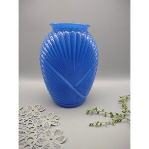 Vintage 1980s Cobalt Blue 9.5" Art Deco Ribbed Shell Glass Vase, Anchor Hocking